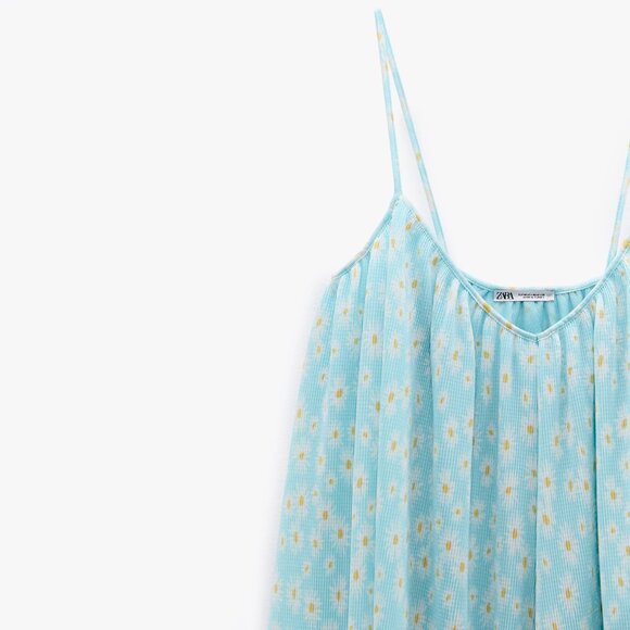 NEW ZARA Pleated Baby Floral Blue Camisole Style Mini Dress, Size L - Picture 9 of 16